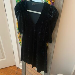 Dark Green Puff Sleeve Velvet Mini Dress—Size S